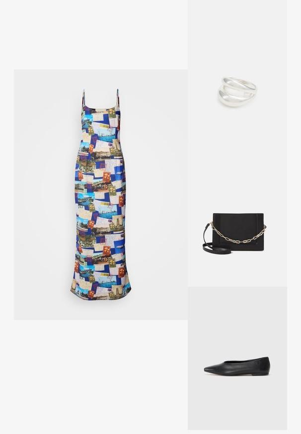 Maxime dress with thin straps, featuring a colorful postcard collage print on a fabric with a smooth texture.; Musta nahkainen ballerinatyyppinen kenkä, terävä kärki, minimalinen muotoilu, sileä pinta, matala korko, ei näkyvää metalliosaa tai koristeita.; Musta nahkainen olkalaukku, jossa on sileä pinta, suorakulmainen muoto ja metalliketju yksityiskohtana edessä. Mukana säädettävä hihna.; Hopeinen kaksinkertainen rengas, jossa on sileä, kiillotettu pinta. Siinä on sulava, kaareva muotoilu, jossa on päällekkäisiä osia modernin ilmeen saavuttamiseksi.