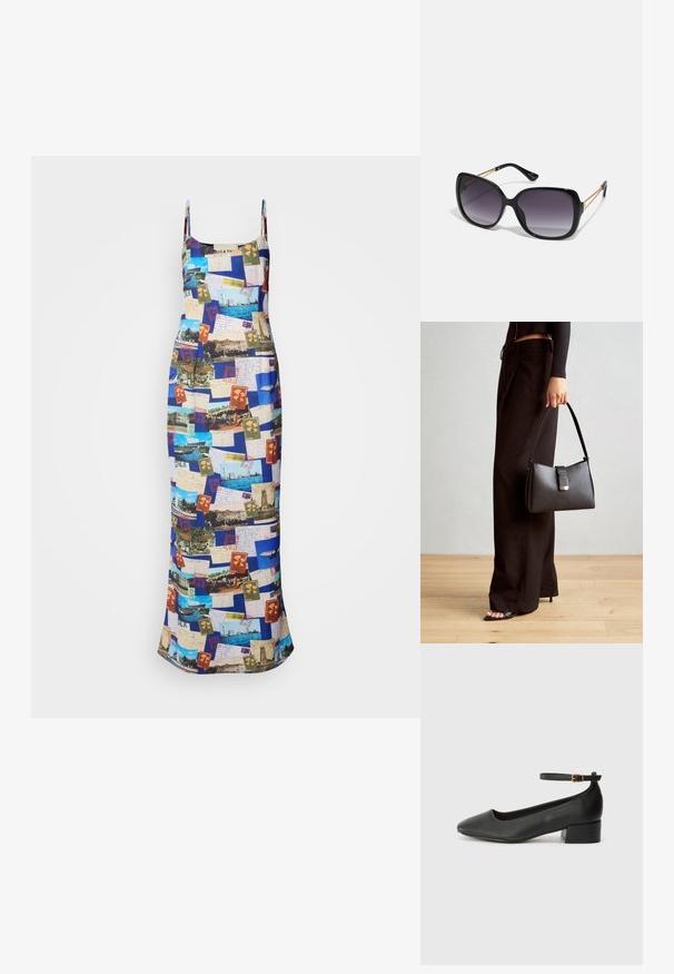 Maxikjole med tynne stropper, med et fargerikt postkort-kollasjemønster på et stoff med glatt tekstur.; Sorte skinnpumper med spiss tå og lav blokkhelt. Har ankelrem med gullfarget spenne. Glatt tekstur.; Sorte oversized solbriller med gradient linser, tykke rammer og detaljering med gulltonekjede på tempelarmene.; Svart håndveske med strukturert form, jevn tekstur og metallisk lås. Kombinert med brede svarte bukser og sandaler med åpen tå på tregulv.