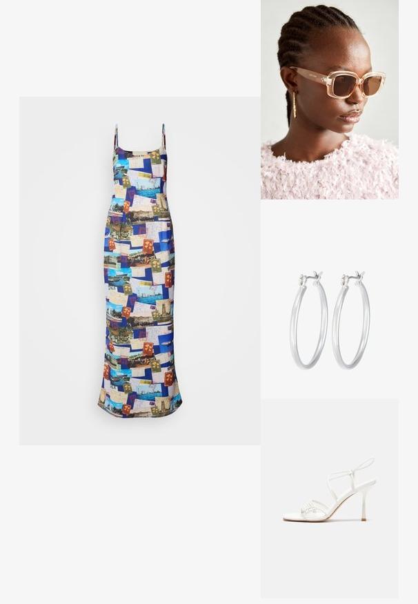Maxi-kjole med tynde stropper, prydet med et farverigt postkortcollage-mønster på et stof med en glat tekstur.; Hvide strop sandaler med høj hæl, flad tåbase, tekstureret forside med sammensunkne detaljer og en smal ankelrem.; Beige oversized solbriller med en klar ramme og brune tonede linser, med subtile blomstermotiver og et dristigt, geometrisk design.; Sølv hoop øreringe med en glat, poleret overflade. Rund form og sikker klik-lukning. Letvægtsdesign, der er velegnet til hverdagsbrug.