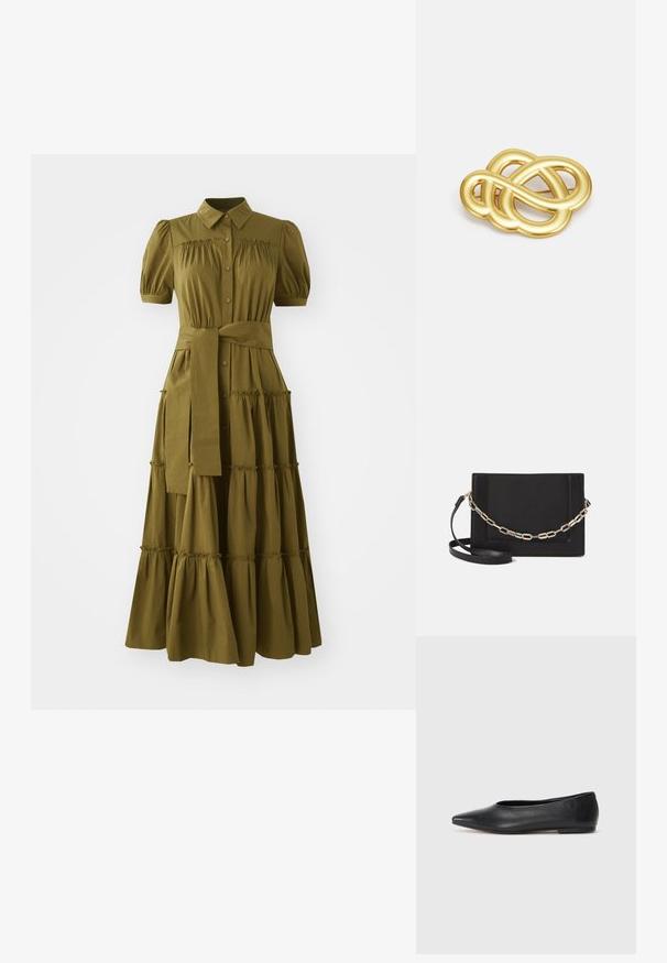 Olíva zöld, térd hosszúságú ruha rövid puffos ujjal, gombos záródással és megkötős derékkal. A szoknyán lépcsőzetes fodrok találhatók.; Fekete bőr balettcipő, hegyes orral, minimalista dizájn, sima textúra, alacsony sarkú, látható fémrész vagy díszítés nélkül.; Fekete bőr keresztpántos táska, sima textúrával, téglalap alakú és fém lánc részlettel az elején. Állítható pánttal ellátva.; Arany színű brosúra, csomózott díszítéssel, sima, ívelt vonalakkal és bonyolult formával, fényes felülettel.