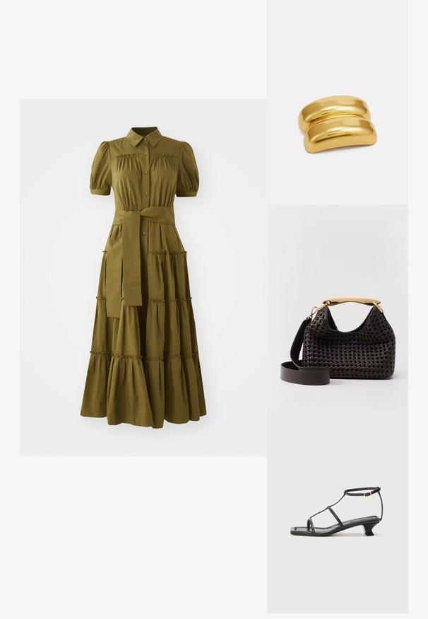 Rochie verde măsliniu, până la genunchi, cu mâneci scurte tip puff, închidere cu button-uri și talie legată. Prezintă volane în straturi pe fustă.; Sandelă din piele neagră cu vârf pătrat, curele subțiri, curea ajustabilă la gleznă și toc mic. Prezintă un mic accent auriu pe curea.; Elleme BOOMERANG WOVEN - Geantă de mână - brown; Agățătoare pentru păr din metal de culoare aurie cu un design neted și rotunjit. Suprafața este reflectorizantă, având o formă curbată și unită, fără alte ornamente.