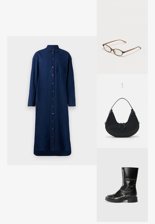 Šifonasto plava traper košulja haljina s dugim rukavima, dugmadi sprijeda, ovratnikom i džepom na prsima; ravnog kroja i donjeg rubu.; Crne kožne gležnjače s zaobljenim vrhom, glatkom završnom obradom, kontrastnim šavovima i blok petom, koje imaju blago sužen siluetu.; Smeđe skupe naočale s ovalnim lećama, tankim drškama i prozirnim akcentima. Ima suptilan logo na sljepoočnici. Elegantan, lagan dizajn.; Crna kožna torba s zakrivljenim oblikom, zatvaranjem na patentni zatvarač, s dva crna resica i srebrnim detaljima, uključujući jedinstveni pričvršćivač.