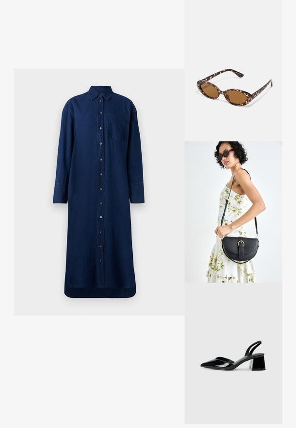 Mekko tummansinistä farkkukangasta, jossa on napit edessä, pitkät hihat, kaulus ja rintatasku; suora leikkaus ja helma.; Mustat patentoitu nahkakengät, joissa on säären takaosa ja terävä kärki, sekä geometrinen palikkakorko. Sisältää tyylikkään, minimalistisen muotoilun ja sileän pinnan.; Kameleontin kuorilla varustetut aurinkolasit, joissa on ovaalit linssit, ruskeat sävyt, ohuet, tekstuurilla varustetut varsiosat ja kevyet muovikehykset.; Musta nahkainen käsilaukku, joka on kaareva muotoilultaan, irrotettavalla hihnalla ja kultaisilla yksityiskohdilla. Laukussa on läppä, jossa on solk yksityiskohta.