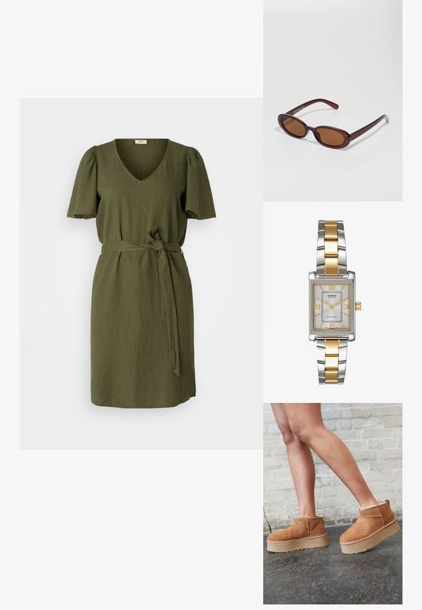 Vestido de linho verde-azeitona com mangas curtas bufantes, decote em V e um cinto de tecido atado na cintura. Saia ligeiramente evasé.; Botas de cano baixo em camurça castanha com um forro felpudo, sola de plataforma espessa em bege e puxador na parte de trás. Superfície texturizada com detalhes de costura visíveis.; Óculos de sol redondos, com uma tonalidade castanha e uma armação glossy em bordeaux. Braços finos com um detalhe discreto de marca. Design de lentes planas.; Relógio de quartzo Casio com mostrador retangular prateado, detalhes em dourado e uma pulseira metálica bimetálica em prateado e dourado. Característica à prova d'água.