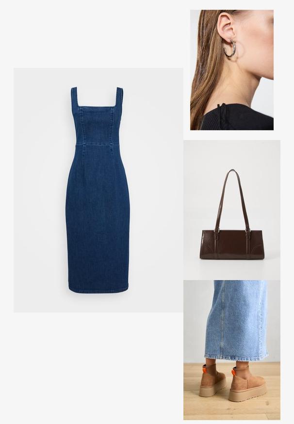 Tume sinine teksariietus ruudukujulise kaelusega, sobituv kehaosa ja pliiatsilood. Omab õmblusi ja põlve pikkust serva.; Pruunid nahatooted platvormikontsad elastsete külgpaneelidega ja oranžide tõmbetuttidega, koos puusani ulatuva heleda denim-seelikuga puidust põrandal.; Pruun läikiv naha käekott, millel on ristkülikuline kuju, kaks pikka käepidet ja esipaneelil peened kõverad aktsendid.; Hõbedane rõngas kõrvarõngas poleeritud viimistlusega, millel on väikesed kuldsed aktsendid ja ümmargune kuju, kantud lobus.