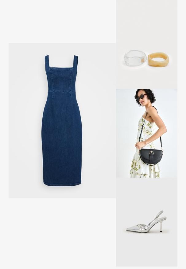 Vestido de denim azul-escuro com decote quadrado, corpete ajustado e silhueta lápis. Apresenta costuras e uma bainha até ao joelho.; Sapato de salto alto slingback prateado com bico fino, acabamento metálico, duas correias decorativas e um salto esbelto com ponta preta.; Bolsa de couro preta com forma curva, alça destacável e detalhes em dourado. A bolsa possui uma aba com detalhe de fivela.; Anéis de resina clara e âmbar, um liso e transparente, o outro com um acabamento texturizado em âmbar. Ambos apresentam designs arredondados e robustos.