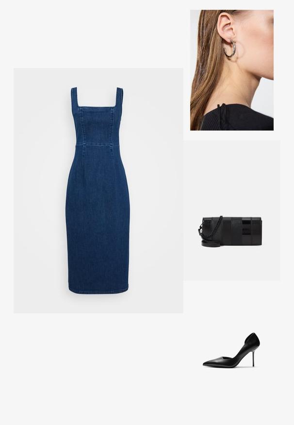 Tamno plava traper haljina s kvadratnim izrezom, uskim tijelom i suženim oblikom. Ima šavove i rub do koljena.; Crne kožne štikle s visokom potpeticom, šiljastim nosom i izrezanim stranama. Glatka tekstura i visoka, vitka potpetica stvaraju elegantan siluet.; Crna torbica za dodatke s kombinacijom sjajnih, teksturiranih panela i lančićem. Pravilnog je oblika s glatkom završnom obradom i suptilnim akcentima.; Srebrna kružna naušnica s poliranim završetkom, koja ima male zlatne detalje i okrugli oblik, nošena na uhu.