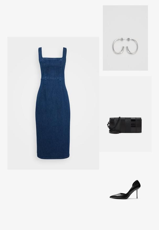 Tumši zila džinsa kleita ar kvadrātveida dekoltē, piegulošu korpusu un zīmuli formas siluetu. Iespējas šuves un ceļgala garuma apmale.; Melnā ādas stiletto papēža kurpe ar izsistu purngalu un izgrieztiem sāniem. Gluda tekstūra un augsts, slaids papēdis veido elegantu siluetu.; Melns aksesuāru somiņš ar spīdīgu, teksturētu paneļu sajaukumu un ķēdes siksnu. Taisnstūra forma ar gludu apdari un smalkiem akcentiem.; Sudraba riņķveida auskari ar gludu, spīdīgu apdari. Apaļas formas, viegla dizaina, ar aizdari uz stieples.
