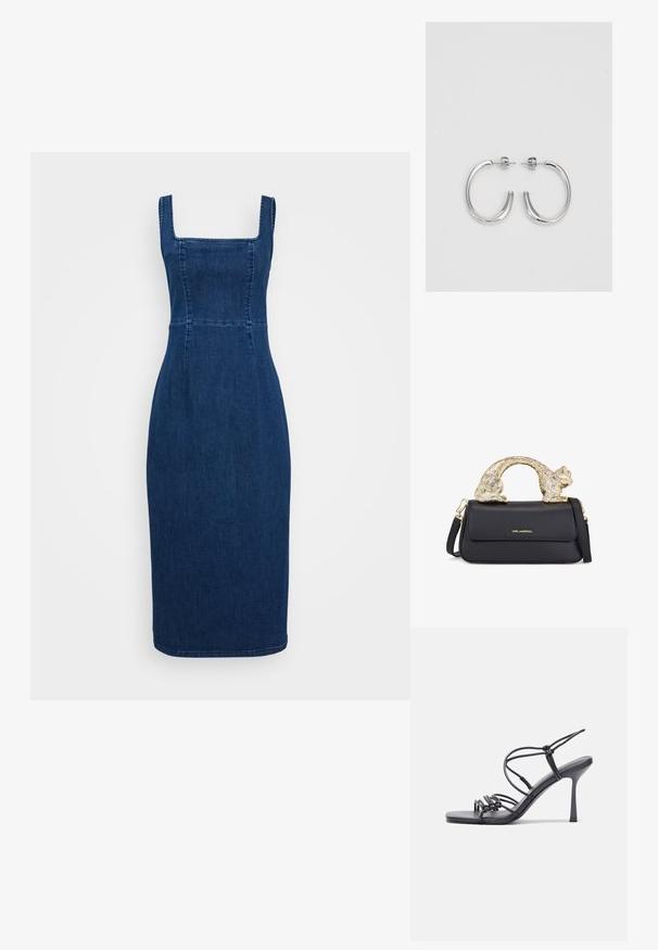 Dunkelblaues Jeanskleid mit eckigem Ausschnitt, tailliertem Oberteil und Bleistift-Silhouette. Es weist Nähte und einen knielangen Saum auf.; Schwarze, hochhackige Sandalen mit dünnen Riemen und einem geknoteten Design, einer glatten, rechteckigen Zehenpartie und einem eleganten Stiletto-Absatz.; Schwarze Ledertasche mit einem goldenen katzenförmigen Griff, ausgestattet mit einem vorderen Klappenverschluss, einem verstellbaren Trageriemen und einem Logodetail auf der unteren Vorderseite.; Silberne Creolen mit einer glatten, glänzenden Oberfläche. Abgerundete Form, leichtes Design, mit einer Steckverschluss.