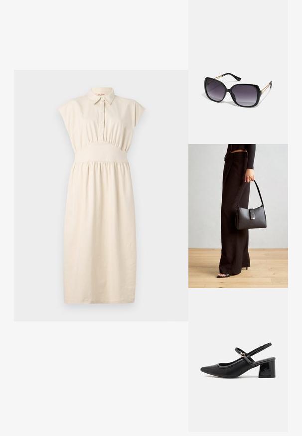 Rochie de un bej deschis cu guler, cu închidere prin butoane în față și talie elastică. Fustă evazată cu mâneci tip capac și o textură netedă, moale.; Cizme cu toc slingback din piele sintetică lacuită neagră, cu vârful ascuțit, un design cu decupaj rotunjit și toc bloc. Include un accent cu cataramă de culoare aurie.; Ochelari de soare negri, supradimensionați, cu lentile degradate, rame groase și detalii cu lanț de ton auriu pe brațele templului.; Genți negre cu o formă structurată, textură netedă și un închizător metalic. Asortată cu pantaloni negri largi și sandale cu vârf deschis pe un podea din lemn.