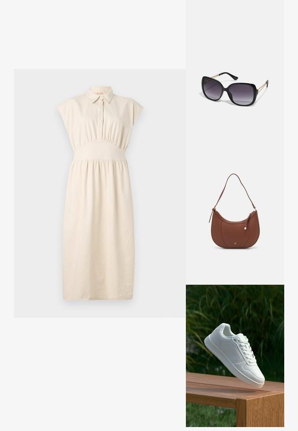 Ανοιχτό μπεζ φόρεμα με κολάρο, μπροστινές κουμπιά και ελαστική μέση. Φούστα που φαρδαίνει με κοντά μανίκια και λεία, απαλή υφή.; Λευκό αθλητικό παπούτσι με λείο συνθετικό επάνω μέρος, περforατισμένη μύτη, επίπεδα κορδόνια και υφασμένη σόλα, εκτεθειμένο σε ξύλινη επιφάνεια.; Μαύρα υπερμεγέθη γυαλιά ηλίου με κλειστή βαθμίδα φακού, παχιά σκελέτη και λεπτομέρειες από χρυσή αλυσίδα στις βραχίονες του σκελετού.; Καφέ ψεύτικη δερμάτινη τσάντα ώμου με καμπύλο σχήμα, ελάχιστη ραφή και χρυσή μεταλλική λεπτομέρεια. Διαθέτει κλείσιμο με φερμουάρ στην κορυφή και ρυθμιζόμενο λουρί.