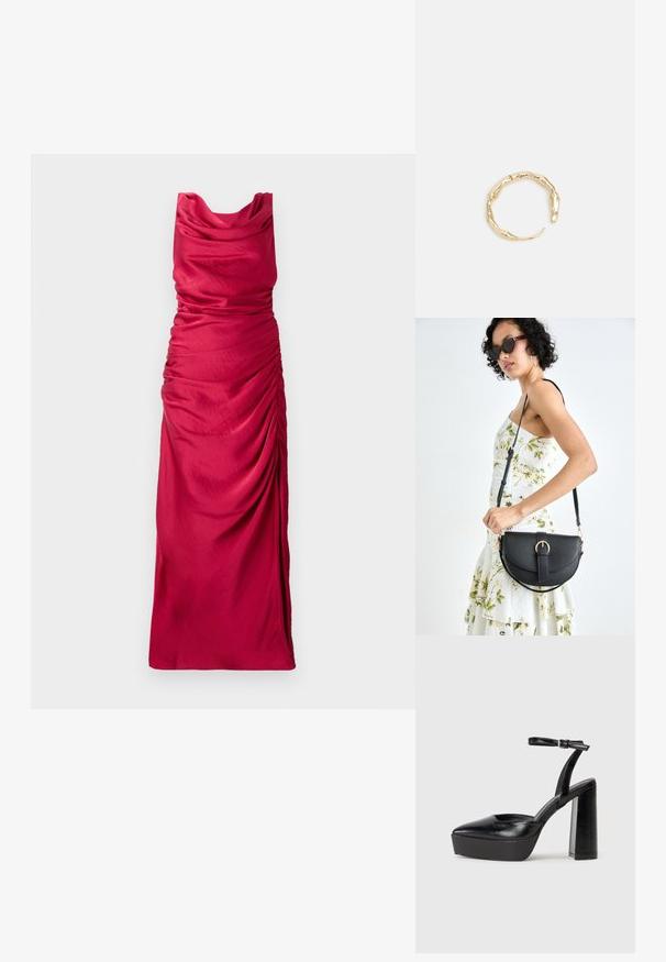 Cilindris apkakles, grīdas garuma kleita spilgti sarkanā audumā. Iekļautas krāsotas sānu detaļas, kas rada faktūras izskatu. Gluda, viegla materiāla.; Melnas platformas papēžs ar norādītu purngala formu un regulējamu potītes siksniņu. Izgatavotas no gludas ādas, ar masīvu bloku papēdi.; Melnas ādas rokassoma ar izliekta formu, noņemamu siksnu un zelta aksesuāriem. Somai ir vāciņš ar sprādzes detaļu.; Zelta toņa gredzens ar organisku, vērptu dizainu, gludu virsmu un sašaurinātiem galiem, radot mūsdienīgu, skulpturālu izskatu.