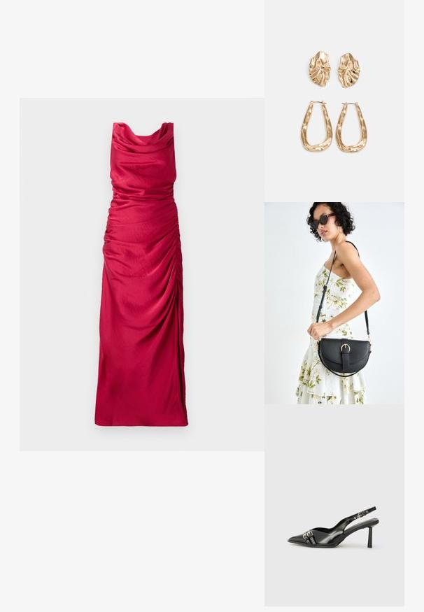 Rochie cu guler tip cowl, lungime până la podea, dintr-un material roșu vibrant. Prezintă detalii pliate pe lateral, creând un aspect texturat. Material neted, ușor.; Pantofii slingback din piele lăcuită neagră, cu vârf ascuțit, bretele pentru gleznă cu catarame și accesorii din argint, și un toc subțire.; Geantă din piele neagră, cu o formă curbată, curea detașabilă și accesorii aurii. Geanta are un capac cu un detaliu tip cataramă.; Cercei aurii cu forme texturate și ondulate. Include studs sculpturale cu clip și un design de cerc deschis cu un finisaj cioplit.
