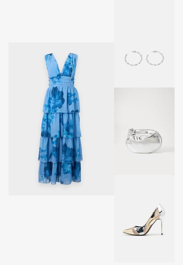 Zila ziedu maksi kleita ar dziļu V veida izgriezumu, savilkta jostasvieta un slāņota volānu dizains. Izgatavota no vieglas auduma, ar lieliem ziliem ziedu rakstiem.; Apspīlēta augstpapēžu kurpe ar zeltītu, sudrabi un neitrālu krāsu kombināciju. Spīguļojoša virsma ar izgriezuma dizainu, aprīkota ar stiletto papēdi.; Sudraba metāliska poga somiņa ar mīkstu, noapaļotu formu un mezgla augšējo aizdari. Izgatavota no gludas mākslīgās ādas materiāla.; Sudraba gredzenveida auskari ar savītu dizainu, kas ir ar pulētu apdari un ar aizmugurēju fiksāciju. Izmērs ir aptuveni 3 cm diametrā.