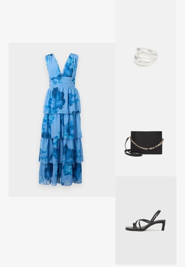 Mėlyna gėlių maksi suknelė su gilia V formos iškirpte, susiraukšlėjusia juosmens dalimi ir pakopuota volanų eiga. Pagaminta iš lengvo audinio, puošniai dekoruota dideliais mėlynais gėlių raštais.; Juodi šlepetės su kvadratiniu pirštu ir žemu bloku kulnu. Yra keli ploni dirželiai ir reguliuojamas kulkšnies diržas. Pagaminti iš lygios odos.; Juodas odinis per petį nešiojamas krepšys turi lygų paviršių, stačiakampio formą ir metalinę grandinėlę priekyje. Pridedama reguliuojama dirželis.; Sidabrinis dvigubas žiedas su lygiu, poliruotu paviršiumi. Pasižymi sklandžiu, kreiptu dizainu su persipinančiomis dalimis, suteikiančiomis modernų išvaizdą.