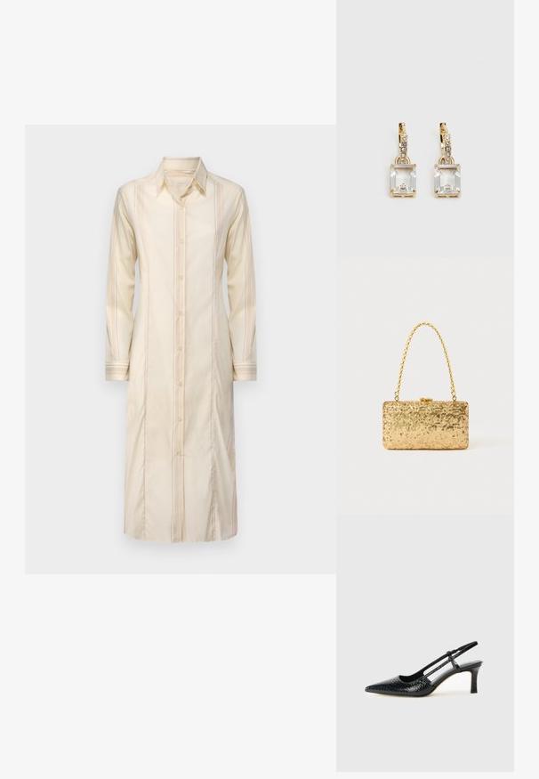 Abito camicia lungo color crema con colletto, apertura frontale con bottoni e righe verticali; presenta maniche lunghe e silhouette dritta.; Slingback con tacco in vernice nera con punta affusolata, caratterizzato da una stampa a serpente testurizzata, cinturino regolabile e un tacco corto e testurizzato.; Clutch oro in paillettes con forma rettangolare, dotata di una maniglia in catena attorcigliata e una chiusura a scatto in metallo, che riflette la luce con una finitura testurizzata.; Orecchini in tonalità dorata con un cristallo trasparente rettangolare sospeso sotto una fila di piccoli accenti trasparenti rotondi. Design elegante e moderno.