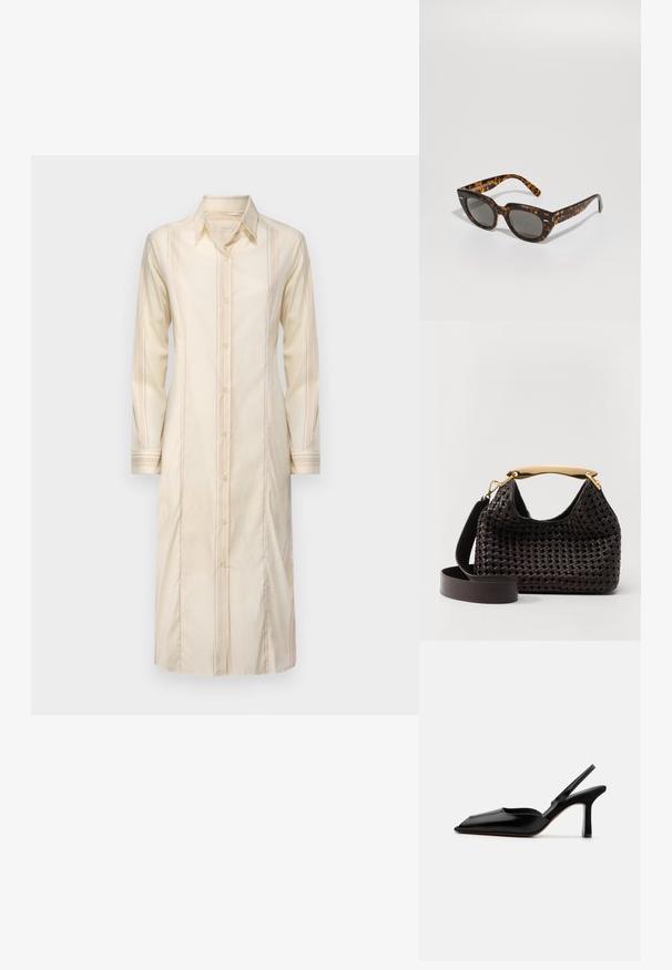 Pikk kreemikas särgimekko, millel on kaelusega kaelus, nööpidega front ning vertikaalsed triibud; omab pikki varrukaid ja sirget lõiget.; Must musta slingback-kand käptelastega, terava varvaga, minimalismi disainiga, õhuke pahkluu rihm ja sujuv stiletto-kõrgus. Sile tekstuur.; Kilpkonnakuju prillid, millel on nurgelised raamid ja hallid läätsed. Omavad läikivat viimistlust ja peent brändimist tempel.; Elleme BOOMERANG WOVEN - Käekott - brown
