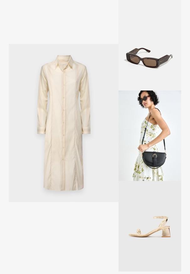 Dlhé krémové šaty košeľového strihu s golierom, predným zapínaním na gombíky a vertikálnymi pruhmi; majú dlhé rukávy a rovný strih.; Zlaté metalické sandále na podpätku s uhlovým blokovým podpätkom, dvoma pásikmi cez nohu a nastaviteľným pásikom okolo členka. Hladká textúra.; Slnečné okuliare Gucci s obdĺžnikovými hnedými sklami, rámom z korytnačiny acetátu a zlatými detailmi loga na nožičkách.; Čierna kožená kabelka s zaobleným tvarom, odnímateľným popruhom a zlatými doplnkami. Kabelka má klopu s detailom s prackou.