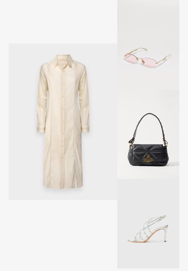 Garšs krēmkrāsas krekla kleita ar apkakles izgriezumu, pogu priekšpusi un vertikālām svītrām; tai ir garas piedurknes un taisnas siluets.; Metāliska sudrabota augstpapēžu sandaļa ar krustveida siksnām, caurspīdīgiem akcentiem un elegantu norādītu purngalu. Regulējams potītes sprādze.; Gucci Saulesbrilles - gold-coloured/pink; Melnā quiltota ādas rokassomiņa ar zelta logotipa akcentu. Aprīkota ar īsu rokturi un strukturētu, taisnstūra formu. Rūpīgi izstrādāta virsma.; Pāris neregulāras ovālas formas zelta toņos metāla auskaru ar teksturētu, nedaudz sitētu virsmu uz baltas fona.