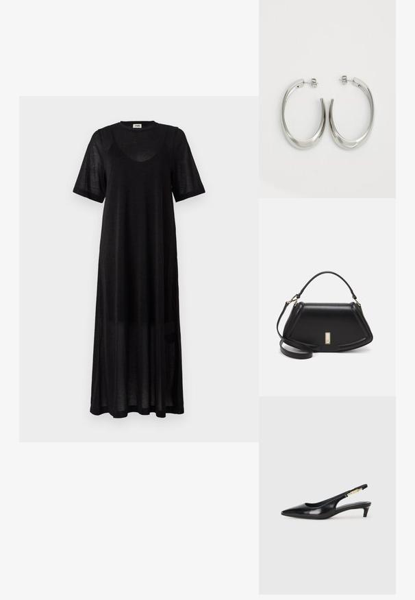 Schwarzes knielanges Kleid aus leichtem, transparentem Material. Mit Rundhalsausschnitt, kurzen Ärmeln und einer lockeren, lässigen Passform.; Schwarze Leder-Slingback-Pumps mit spitzem Schuhblatt, ausgestattet mit einem schlanken Absatz und einem goldfarbigen Akzent am verstellbaren Riemen. Glatte Textur.; Schwarze Lederhandtasche mit einem strukturierten Design, das eine verkürzte Form, einen oberen Griff und goldfarbene Hardware-Details aufweist. Verstellbarer Schulterriemen ist enthalten.; Silberne Creolen mit einem glatten, geschwungenen Design. Mit einem glänzenden metallischen Finish und Steckverschluss. Keine sichtbaren Muster oder Akzente.