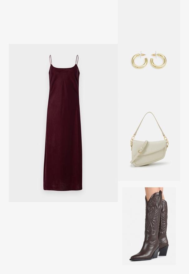 Burgundijas bez piedurknēm kleita ar plānām spageti siksnām un taisnu siluetu, izgatavota no gludas, mīkstas auduma. Minimālisma dizains bez rotājumiem.; Brūni ādas kovboju zābaki ar norādītu purngalu un blokveida papēdi, ar detalizētu šūšanu un paceltiem akcentiem uz kājas daļas.; Maza krēmkrāsas rokas soma ar teksturētu apdari, garu regulējamu siksniņu, ķēdes akcentu un vāciņa aizdari. Zelta aparatūras detaļas.; Zelta auskari ar gludu, spīdīgu apdari. Apaļš dizains, kas ietver mazu tapu un caurspīdīgu pamatni drošai valkāšanai.