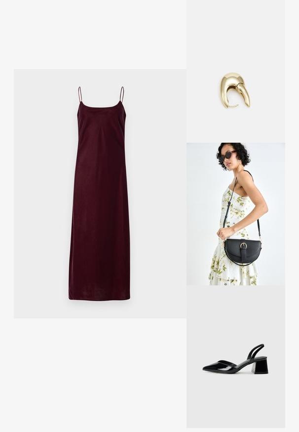 Burgundy sleeveless dress with thin spaghetti straps and a straight silhouette, made from smooth, soft fabric. Minimalist design with no embellishments.; Black patent leather slingback heels with a pointed toe and a geometric block heel. Features a sleek, minimal design and smooth texture.; Black leather handbag with a curved shape, detachable strap, and gold hardware. The bag features a flap with a buckle detail.; Gold-tone metal earring with a sleek, curved design. Features a distinctive pointed shape, polished surface, and hinge closure.