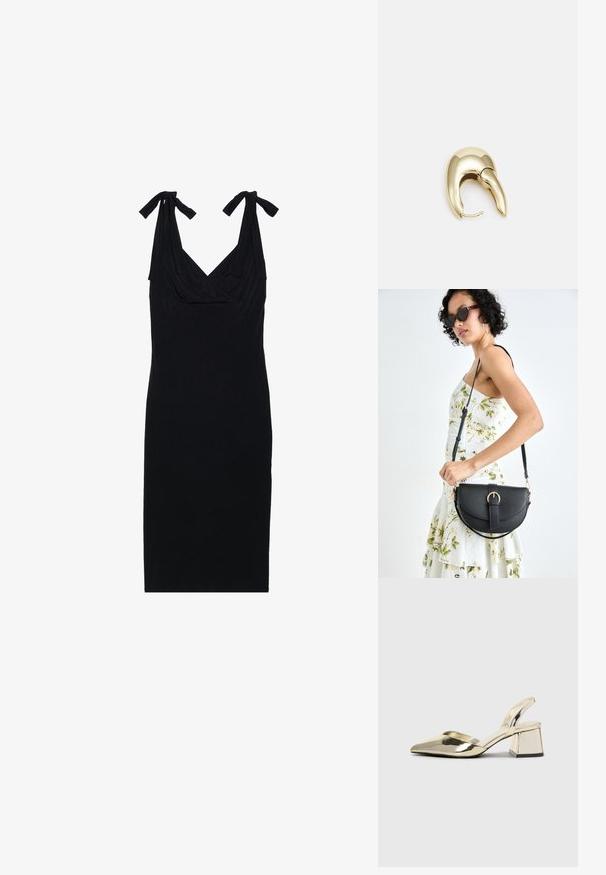 Juoda be rankovių suknelė iš minkštos, tamprios medžiagos, su drapiruotu liemeniu ir raišteliais ant pečių, aptempta silueto iki kelių.; Auksiniai, metaliniai slingback aukštakulniai bateliai su smailiu pirštu ir masyviu kulnu. Lygus paviršius, minimalizmo dizainas ir siaura juostelė.; Juodas odinis krepšys su išlenkta forma, nuimamu dirželiu ir auksiniais detalėmis. Krepšys turi kilpą su sagtimi.; Aukso tono metalinės auskarai su stilingu, kreiviu dizainu. Išsiskiria ryškiu smailiu pavidalu, poliruota paviršiumi ir užsegimu su vyriu.