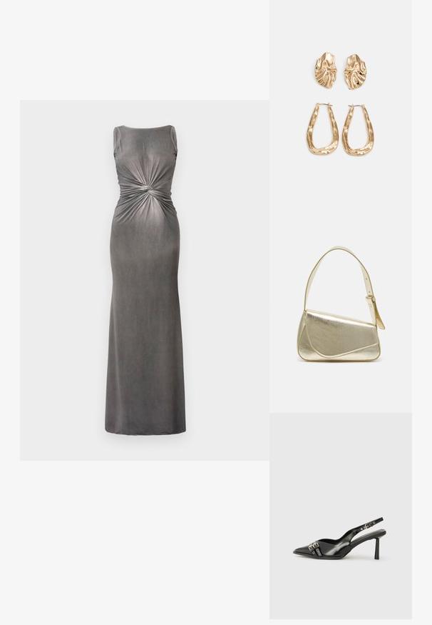 Siva uska maxi haljina s izrezom u obliku srpa i vijugavim detaljima u struku. Napravljena od mekog, glatkog materijala s lagano sjajnom teksturom.; Crna lakirana slingback cipela s izduženim vrhom, remenčićima oko gležnja s srebrnim kopčama i dijelovima, te vitkim potplatom.; Zlatna metalna torba s uređenim dizajnom, glatkom teksturom i podesivim remenom. Ima jedinstven trokutasti oblik i minimalističko šivanje.; Naušnice zlatne boje s teksturiranim, valovitim oblicima. Uključuju skulpturalne kopče i dizajn otvorene kružnice s kovanom završnom obradom.