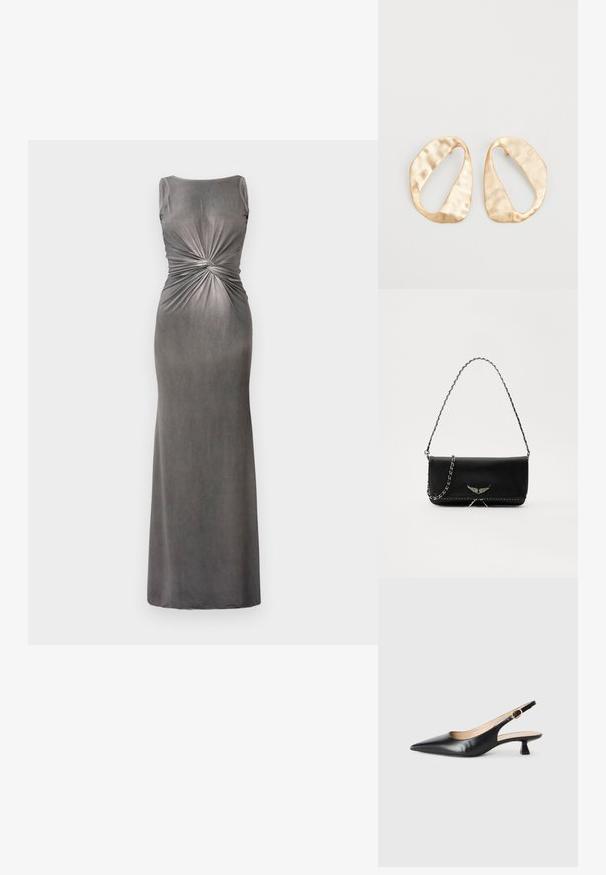 Siva prilegajoča se maksi obleka z odrezanim izrezom in zavitjem na pasu. Narejena iz mehke, gladke tkanine rahlo sijoče teksture.; Črne usnjene slingback čevlje z mačjih petah in oštrim nosom ter zlatim sponko na stranskem traku, na beli podlagi.; Črna usnjena torbica s srebrnim verižnim ročajem, ki ima okrasne krilate poudarke in belo šivanje ob spodnjem šivu.; Par nenavadno ovalnih zlatih metalnih uhani s teksturirano, rahlo udarjeno površino na belem ozadju.