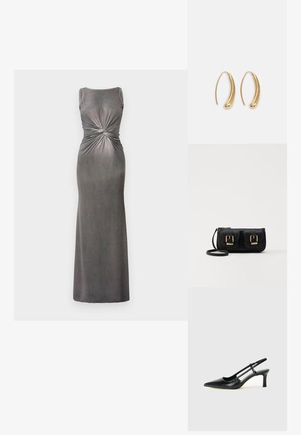 Hallikas sobiv maxi kleit madala kaelusega ja pöörde detailiga vööl. Valmistatud pehmest, siledast kangast, millel on veidi läikiv tekstuur.; Mustmust paelad, millel on terav varvas, tekstuuriga maduprindiga, reguleeritav rihm ja lühike tekstuuriga plokknina.; Must küllastamata nahast õlakott, millel on kaks esist nähtavat taskut, kuldsed pandlad, tõmblukuga sulgemine ja peen rihm. Tekstuuriga pind ja kompaktne ristkülikukujuline kuju.; Kuldtoonilised metallist rõngas kõrvarõngad, millel on kõver ja piklik kuju. Omavad siledat, läikivat pinda ja ümarat tipptugevdust, mis lisab detaili.