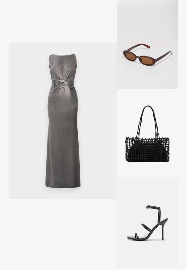Grijze aansluitende maxi-jurk met een ronde hals en draaidetail in de taille. Gemaakt van zachte, gladde stof met een licht glanzende textuur.; Zwarte gepatineerde leren hoge hak sandalen met drie horizontale banden en een verstelbare enkelband. Slanke silhouette en glanzende afwerking.; Ronde, bruin getinte zonnebril met een glanzend bordeauxrood frame. Slanke pootjes met subtiele merkdetails. Vlakke lensontwerp.; Zwarte geweven handtas met een open netontwerp en twee lange handvatten. Bevat een solide zwarte binnenzak voor opbergruimte.
