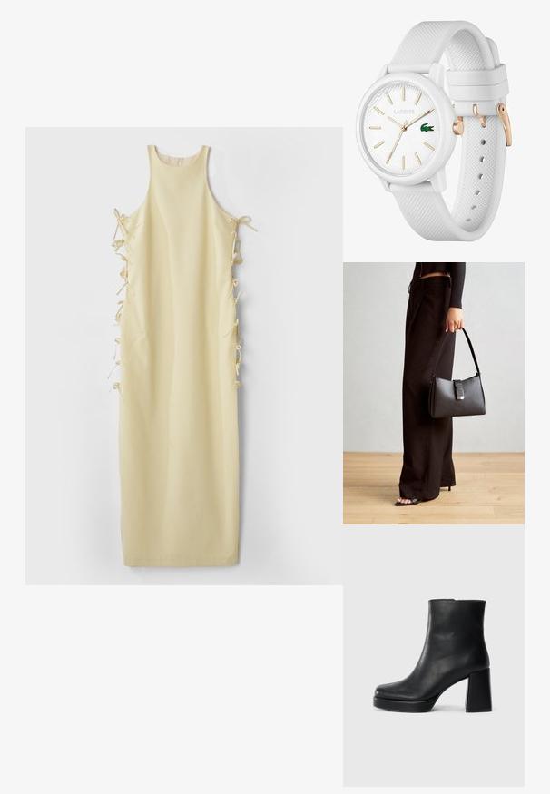 Robe sans manches jaune avec un col haut, dotée de liens latéraux pour un ajustement réglable et d'une texture lisse et douce. Silhouette simple et droite.; Bottine en cuir noir avec un talon bloc et une semelle plateforme, vue de côté sur un fond blanc uni.; Sac à main noir à la forme structurée, texture lisse et fermoir métallique. Associé à un pantalon noir ample et des sandales ouvertes sur un sol en bois.; Montre en silicone blanc avec un bracelet texturé, dotée d'un cadran rond, de marqueurs dorés et d'un logo Lacoste en vert.