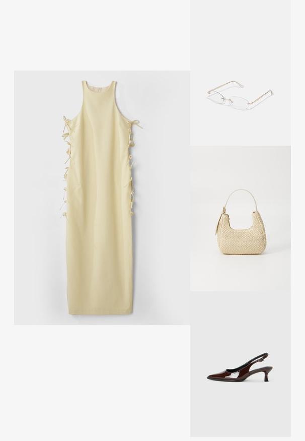 Gul uten ermer med høy hals, med sidesnorer for justerbar passform og en glatt, myk tekstur. Enkel og rett silhuett.; Brune patentlæder slingback sko med spids tå og moderat hæl. Har en spænde rem for sikker pasform. Glat tekstur.; Gullfargede metallbriller med ovale linser, tynne stenger, og klare nesepader. Har subtile hengseldetaljer og gjennomsiktige linser.; Vevd stråveske i beige med buet form, kort håndtak og glidelås på siden. Har teksturert overflate og minimalistisk design.