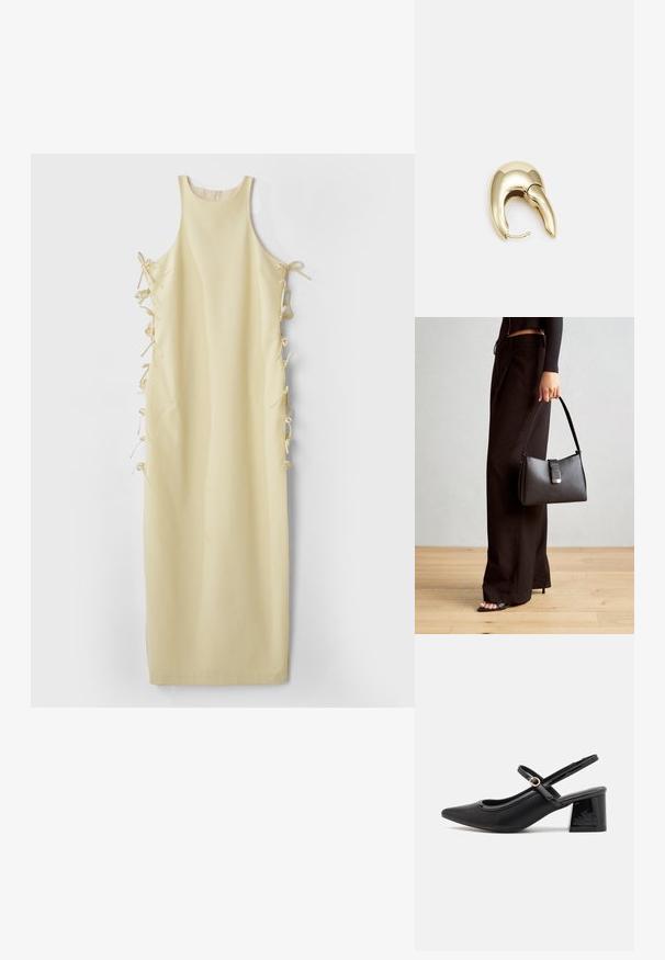 Gul ærmeløs kjole med høj halsudskæring, der har sidelukninger for justerbar pasform og en glat, blød tekstur. Enkel og lige silhuet.; Sorte patentlæder slingback hæle med spids tå, rund udskæring og blokhæl. Har en guldtonet spændeaccents.; Sort håndtaske med struktureret form, glat overflade og metalspænde. Sammen med brede sorte bukser og sandaler med åben tå på trægulv.; Guldtonet metal ørering med et slankt, buet design. Har en karakteristisk spids form, poleret overflade og hængselåbning.
