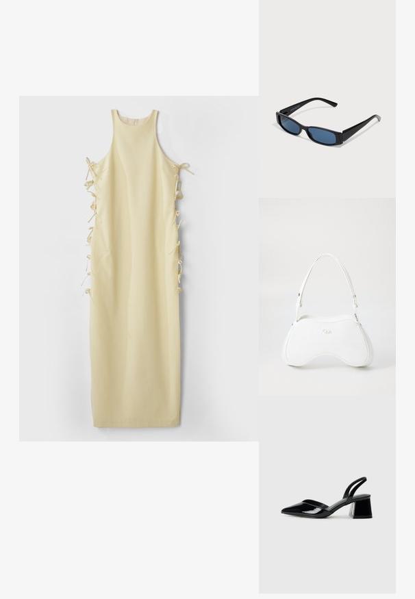Geel mouwloos jurk met een hoge halslijn, voorzien van zijstrikjes voor een verstelbare pasvorm en een gladde, zachte textuur. Eenvoudige en rechte silhouet.; Zwarte gepatineerde leren slingback hakken met een spitse neus en een geometrische blokhak. Kenmerkt zich door een slank, minimalistisch ontwerp en een gladde textuur.; Zwarte zonnebril met een slank rechthoekig frame en blauwe lenzen. Heeft een gladde textuur en stevige pootjes. Merklogo aan de zijkant.; Witte handtas met een glad, glanzend oppervlak, gebogen vorm en een enkele verstelbare schouderriem. Heeft een logo dat aan de voorkant is geperst.