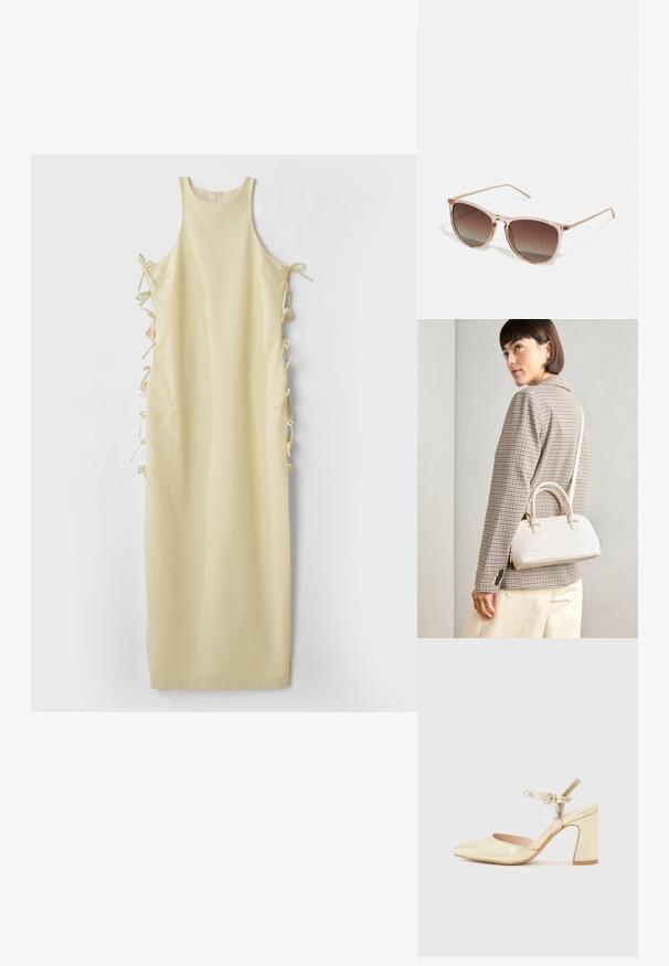Žlté bezrukávové šaty s vysokým výstrihom, s bočnými viazaniami pre nastaviteľnú veľkosť a hladkou, jemnou textúrou. Jednoduchý a rovný silueta.; Zlaté metalické topánky na opätku s špicatou špičkou, pásikom okolo členka s kruhovou sponou a robustným dizajnom opätku. Hladká textura.; Hnedé slnečné okuliare s prechodovým efektom a priehľadným ružovým rámom, štvorcového tvaru a tenkými kovovými ramenami. Obsahujú zaoblené okraje a minimálne detaily.; Biela štruktúrovaná kabelka s krátkymi rúčkami a ramenným popruhom, s zlatými kovovými prvkami a textúrovaným materiálom, vystavená na šedom pozadí.