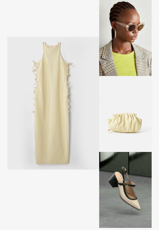 Rumena brezrokavna obleka z visokim ovratnikom, ki ima stranske vezi za prilagoditev in gladko, mehko teksturo. Preprosta in ravna silhueta.; Bežna slingback čevlja z uskim sprednjim delom, črnimi detajli, zlatim zaponko in debelim blokovskim peto na sivi tleh s temno zeleno ozadje.; Jasnočične sončne očala s svetlo rjavimi lečami in prozornim okvirjem. Model nosi zeleno rebrasto majico in karirasti blejzer. Zlati obročasti uhani.; Rumena nabirana torbica iz gladke umetne kože, ki ima mehko obliko, en ramenski trak in nabran vrhnji del.