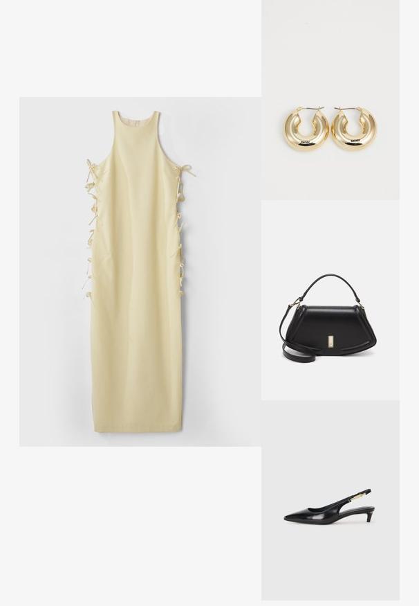 Gul ærmeløs kjole med høj halsudskæring, der har sidelukninger for justerbar pasform og en glat, blød tekstur. Enkel og lige silhuet.; Sorte læder slingback hæle med spids tå, der har en slank hæl og en guldfarvet detalje på den justerbare rem. Glat tekstur.; Sort læderhåndtaske med en struktureret design, der har en kortet form, tophåndtag og guld hardware-accenter. Justerbar skulderrem inkluderet.; Guld hoop øreringe med et glat, afrundet design og en blank finish, med en spænde til fastgørelse. Graveret med "DKNY."