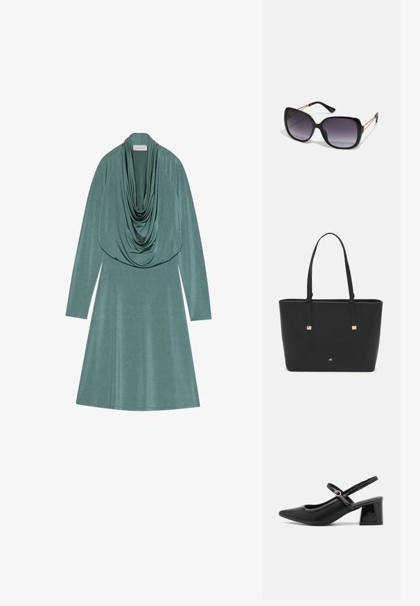 Haljina s izrezom u obliku kapuljače u prigušenoj zelenoj tkanini, s dugim rukavima i proširenim krojem. Mekana, glatka tekstura s suptilnim sjajem.; Crne lakirane slingback visoke potpetice s šiljastim vrhom, zaobljenim izrezom i blok potpeticom. Sadrži akcent zlatnog tona s kopčom.; Crne prevelike sunčane naočale s gradijentnim lećama, debelim okvirom i zlatnim lancem kao detaljem na krakovima.; Crna torba od sintetičkog materijala, s jednostavnim pravokutnim dizajnom, zlatnim kvadratnim detaljima i dvostrukim ručkama.