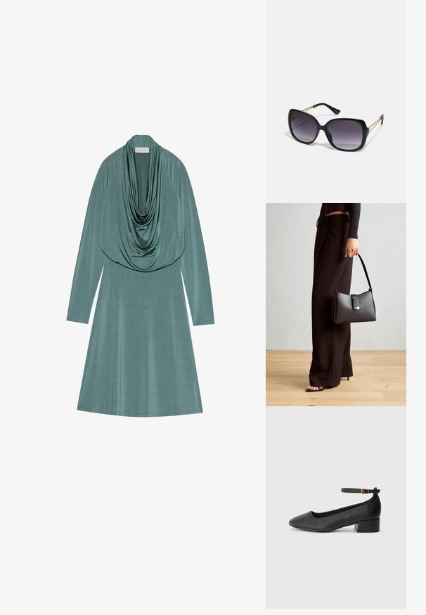 Obleka z ogrinjalnim ovratnikom v prigušeni zeleni tkanini, ki ima dolge rokave in razširjeno silhueto. Nežna, gladka tekstura z rahlim leskom.; Črne usnjene pumpice z nazobčanimi prsti in nizko blokasto peto. Imajo trak okoli gležnja z zaponko v zlatem tonu. Gladka tekstura.; Črne prevelike sončne očala z degradacijskimi lečami, debelimi okvirji in zlatimi verižicami na ročajih.; Črna torbica z strukturirano obliko, gladko teksturo in kovinskim zaponko. Ujemajo se z širokimi črnimi hlačami in odprtimi sandali na lesenem tleh.