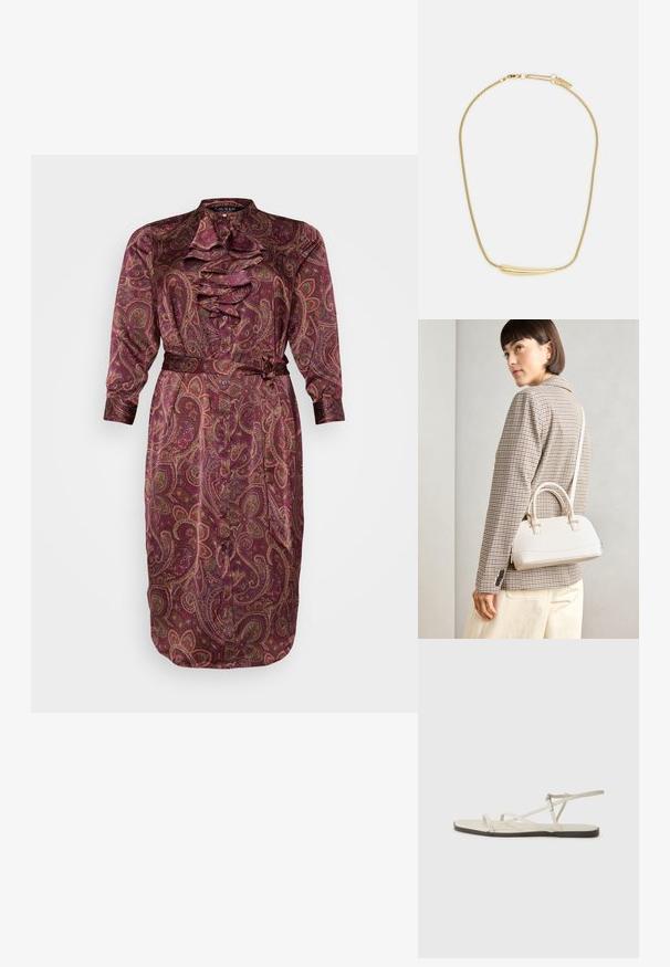 Lauren Ralph Lauren Woman ADEOLA LONG SLEEVE DAY DRESS - Dnevna haljina - burgundy/multi; Bež sandala na ravnom potplatu s više tankih trakica i podesivom kopčom. Potplat je ravan s blagim tamnim kontrastom na rubu.; Bijela strukturna torba s kratkim ručkama i remenom za rame, s zlatnim metalnim detaljima i teksturiranim materijalom, prikazana na sivoj pozadini.; Ogrlica s pozlatom s glatkim, zakrivljenim središnjim naglaskom. Ima fleksibilnu kariku sa kopčom na mačju i dodatne podesive karike.