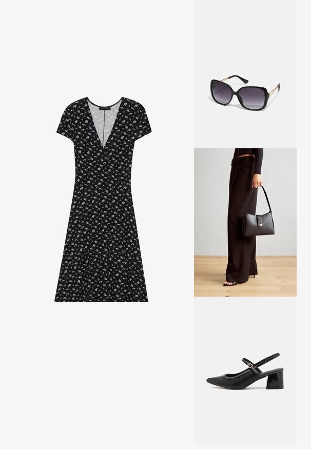 Fekete, rövid ujjú ruha V-nyakkivágással, fehér és zöld virágmintával. Bővülő szoknya, enyhén redőzött kialakítással.; Fekete lakk bőr, pántos magassarkú cipő, hegyes orral, lekerekített kivágással és tömbsarkal. Arany színű csat díszíti.; Fekete, oversize napszemüveg fokozatos árnyalatú lencsékkel, vastag kerettel és arany színű lánc díszítéssel a szárakon.; Fekete kézi táska strukturált formával, sima textúrával és fémből készült záródással. Széles fekete nadrággal és nyitott orrú szandállal párosítva, fából készült padlón.