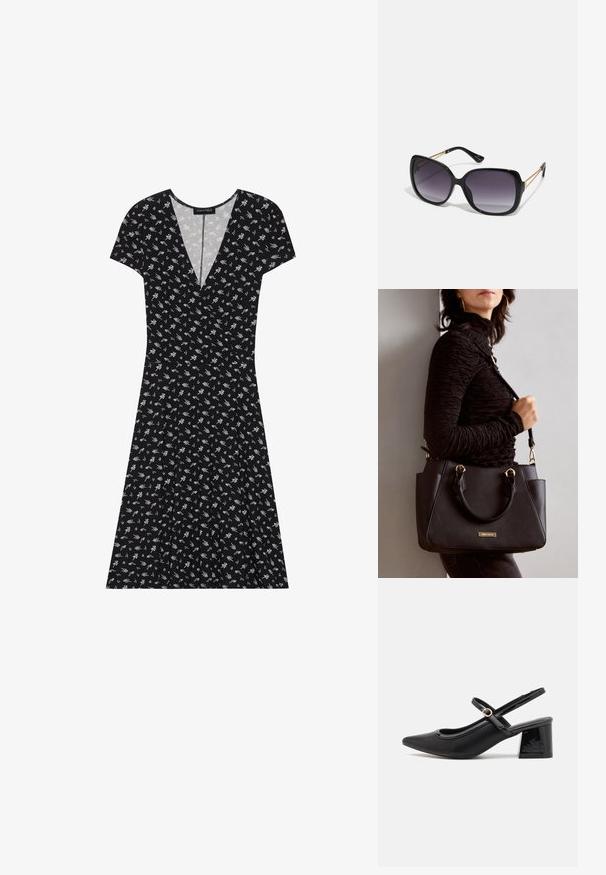 Svart kjole med korte ermer og V-hals, med et blomstertrykk i hvitt og grønt. Bløt skjørt med en litt plisseert design.; Sorte lakk lær slingback hæler med spiss tå, et avrundet utskjæringsdesign og blokkheel. Har en gulltone spenne som detalj.; Sorte oversized solbriller med gradient linser, tykke rammer og detaljering med gulltonekjede på tempelarmene.; Svart håndveske med teksturert overflate, doble topphåndtak og justerbar skulderrem. Har detaljer i gulltone og sidelommer.