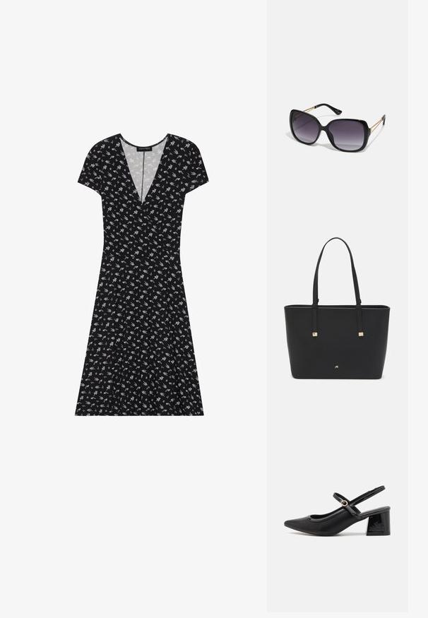 Črna kratkosleeve obleka z V-izrezom, ki ima cvetlični vzorec v beli in zeleni barvi. Rahel krilo s nekoliko nabiranim dizajnom.; Črne patentne usnjene salonarce s slingback obliko, s koničastim nosom, zaobljenim izrezom in blok peto. Imajo zlato kovinsko zaponko kot dodatno okrasje.; Črne prevelike sončne očala z degradacijskimi lečami, debelimi okvirji in zlatimi verižicami na ročajih.; Črna torba iz sintetičnega materiala, preproste pravokotne oblike, z zlatimi kvadratnimi detajli in dvojnih ročajem.