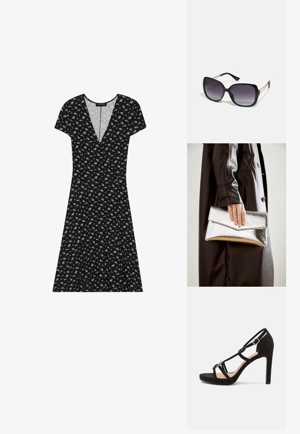 Czarna sukienka z krótkim rękawem i dekoltem w kształcie V, zdobiona białym i zielonym nadrukiem kwiatowym. Rozkloszowany dół z delikatnym plisowaniem.; Czarne zamszowe sandały na wysokim obcasie z krzyżującymi się paskami, ozdobnym akcentem w kolorze srebrnym i platformą dla dodatkowej wysokości.; Czarne oversize okulary przeciwsłoneczne z gradientowymi soczewkami, grubymi oprawkami i złotym łańcuszkiem na ramionach.; Srebrna metaliczna kopertówka o kształcie kątowym, gładka w dotyku, z kontrastowym kolorem wewnątrz, trzymana w ręce noszącej czarny płaszcz.
