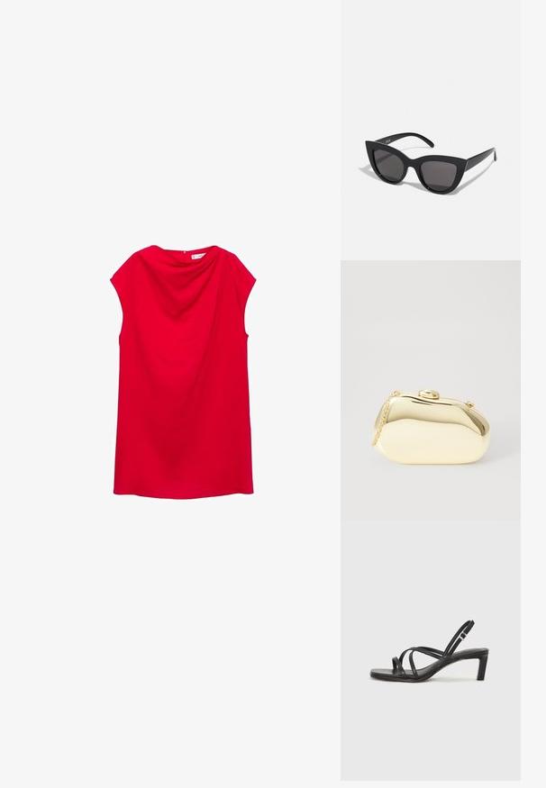 Punainen hihaton mekko, jossa on roikkoreuna ja pehmeä kangas. Ominaisuuksiin kuuluu suora leikkaus ja takakappaleen sulkeminen ilman näkyviä koristuksia.; Mustat hihnalligat, joissa on neliön muotoinen kärki ja matala lohkokorko. Ominaisuuksiin kuuluu useita ohuita hihnoja ja säädettävä nilkkahihna. Valmistettu sileästä nahasta.; Mustat kissansilmäaurinkolasit, joissa on matta pinta, harmaansiniset linssit, terävät kulmat ja tyylikkäät sivuvarret. Brändin nimi näkyy sisävarsissa.; Metallinen kultainen clutch, jossa on sileä ja pyöreä muoto. Sen yläosassa on nappilukko ja pieni ketjuhihna kuljettamista varten.