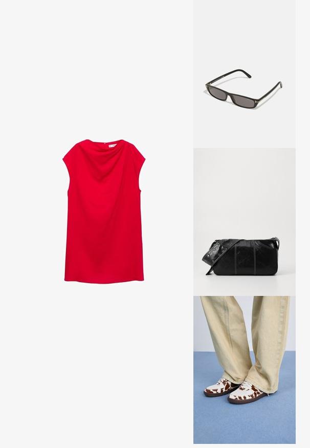 Punainen hihaton mekko, jossa on roikkoreuna ja pehmeä kangas. Ominaisuuksiin kuuluu suora leikkaus ja takakappaleen sulkeminen ilman näkyviä koristuksia.; Valkoiset ja ruskeat kuvioidut lenkkarit, joissa on verkko- ja nahkamateriaalit, ruskeilla kumipohjilla. Yhdistetty vaaleanbeigeihin leveänlahkeisiin housuihin.; Mustat suorakulmaiset aurinkolasit tummilla linsseillä. Muovinen kehys, jossa matta pinta. Kultaisia korosteita varsilla ja logovalmennuksessa.; Mustakulmainen nahkainen olkalaukku, jossa on vetoketjukiinnitys, teksturoitu pinta, valkoiset ompeleet ja hihna, jossa on hopeiset niitit.