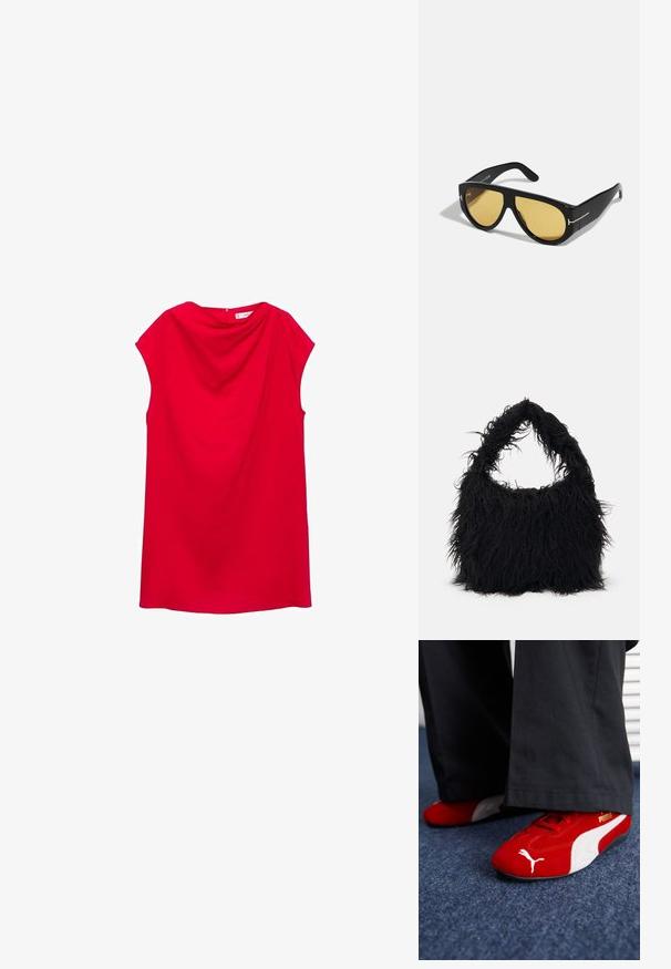Punainen hihaton mekko, jossa on roikkoreuna ja pehmeä kangas. Ominaisuuksiin kuuluu suora leikkaus ja takakappaleen sulkeminen ilman näkyviä koristuksia.; Punaiset mokkapohjaiset lenkkarit valkoisilla yksityiskohdilla, joissa on tekstuurinen materiaali, pyöreä kärki ja kultainen logo sivussa, yhdistetty mustiin housuihin.; Mustat aurinkolasit, joissa on geometrinen kehys, keltaiset linssit ja kultaiset yksityiskohdat ohjaimissa. Liukas rakenne, leveä muoto, nykyaikainen muotoilu.; Even&Odd Shopping bag - black