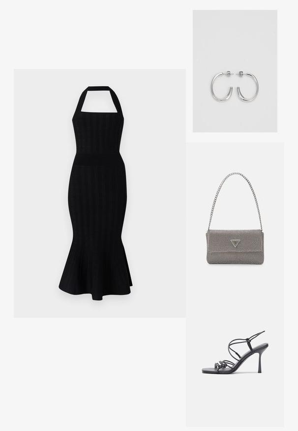 Fekete kötött midi ruha, pánt nélküli nyakkal, testhez álló felső résszel, bordázott textúrával és bővülő szegéllyel. Nincsenek látható minták vagy díszítések.; Fekete magas sarkú szandálok vékony pántokkal, csomózott mintával, sima négyzetes orral és karcsú stiletto sarkal rendelkeznek.; Világosszürke fémes kézitáska lánc pánttal, kis kör alakú fém kifinomult díszítéssel és háromszög alakú márkagéppel.; Ezüst karika fülbevalók sima, fényes felülettel. Lekerekített forma, könnyű kialakítással, tűs zárómechanizmussal.
