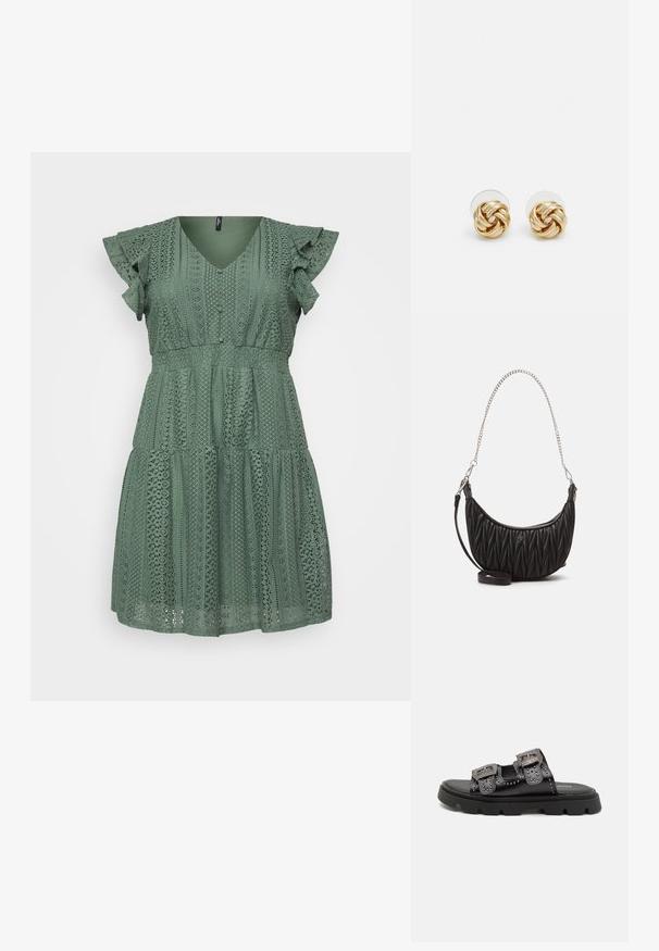 Rochie verde din dantelă cu decolteu în V, mâneci volan, design în straturi și modele intricate pe tot parcursul. Material ușor, cu un finisaj texturat.; Sandale negre cu două curele late, decorate cu ținte și catarame detaliate, montate pe o talpă din cauciuc texturat și rezistentă.; Geantă de mână din piele ecologică neagră, cu textură matlasată, formă curbată, curea din lanț argintie și un accent mic cu logo în față.; Cercei cu tija aurie, cu un design răsucit. Fiecare cercel are un fundal circular transparent pentru o purtare sigură.